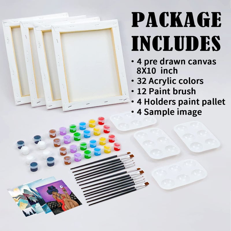VOCHIC 4 Pack Painting Kit Pre Drawn Canvas for Painting for Adults Party Kits Paint and Sip Party Supplies 8x10 Canvas to Paint Art Set - Image 5